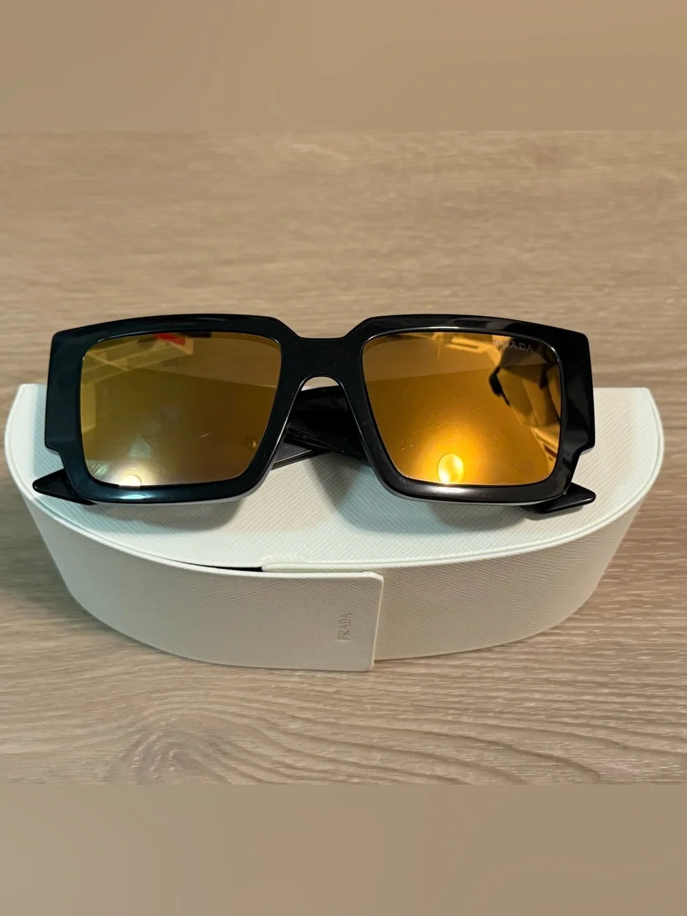 Prada Black and Gold Geometric Logo Sunglasses